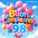 Il numero azzurro 98 è attaccato a un enorme mazzo di palloncini fluttuanti. Il testo 3D compone Buon Compleanno davanti a un cielo nuvoloso.