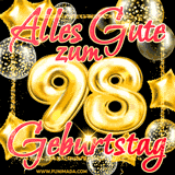 A vibrant greeting card featuring colorful balloons in the background with the large number '98' and the words 'Happy Birthday!' in glowing, bold text