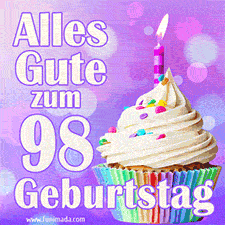 Ein lebendiges Geburtstags-GIF mit einem dekorierten Cupcake, einer Kerze und der Zahl 98 auf einem bunten Hintergrund.