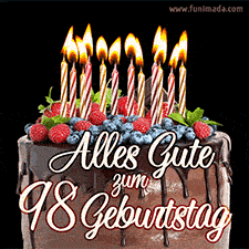 Das Geburtstags-GIF zeigt einen Schokoladenkuchen mit Beeren und Kerzen zur Feier eines 98. Geburtstags.