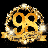 A golden 98th birthday GIF features a decorative circle and ribbon. The design sparkles with light and gold accents against a black background.