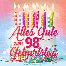Geburtstags-GIF mit einem weißen Cremekuchen mit bunten Kerzen und Streuseln und den Worten 'Alles Gute zum 98. Geburtstag' in rosafarbenem Zierfisch.