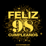 GIF animado con un diseño dorado, mostrando el número 98 rodeado de fuegos artificiales y luces que resaltan una atmósfera festiva y vibrante.