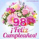 GIF de un colorido ramo de flores rosas, lilas y blancas, con el número 98 destacado en rosa y el mensaje '¡Feliz cumpleaños!' en un estilo encantador.