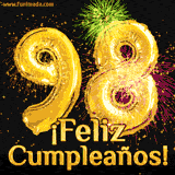 GIF animado con globos dorados en forma del número 98, acompañado de fuegos artificiales de colores y la frase '¡Feliz cumpleaños!' en letras vibrantes.