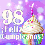 Animación de un cupcake con cobertura blanca, confites de colores, una vela encendida y el número 98 en grande sobre un fondo púrpura con luces brillantes.