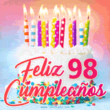 GIF animado con un pastel blanco decorado con confites y velas de colores encendidas, acompañado de la frase 'Feliz 98 cumpleaños' sobre un fondo alegre.
