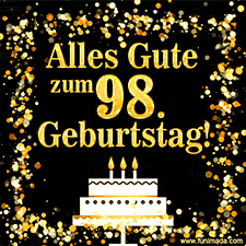 Dieses lebhafte Geburtstags-GIF zeigt eine Torte mit Kerzen, goldenem Konfetti und der Zahl 98.