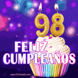 GIF animado de un cupcake decorado con confites, dos velas doradas encendidas formando el número 98, sobre un fondo púrpura brillante con destellos.