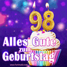 Ein glänzendes Geburtstags-GIF mit goldenen Kerzen mit der Zahl 98 auf einem weißen cremefarbenen Cupcake und dem Text 'Alles Gute zum Geburtstag'.