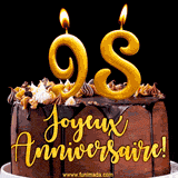 GIF animé pour un 98e anniversaire avec une élégante gâteau au chocolat, des bougies dorées formant le chiffre 98 et le texte 'Joyeux Anniversaire!' en écriture dorée.