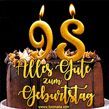 Animiertes GIF mit einer Schokoladen-Geburtstagstorte, großen goldenen Kerzen mit der Zahl 98 und einem dekorativen Text mit der Aufschrift 'Alles Gute zum Geburtstag'.