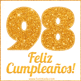 Imagen animada con el número 98 en diseño dorado brillante acompañado de la frase 'Feliz cumpleaños' sobre un fondo blanco simple y elegante.
