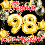 GIF animé pour un 98e anniversaire avec des ballons dorés en forme de 98, entourés de ballons scintillants et du texte 'Joyeux Anniversaire!' en écriture élégante.