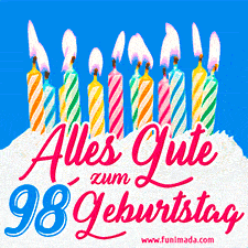 Ein buntes Geburtstags-GIF mit strahlenden Kerzen auf einer festlichen Torte zur Feier des 98.