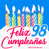 Animación de un pastel decorado con velas coloridas y encendidas, el número 98 destacado en azul y la frase 'Feliz cumpleaños' en letras estilizadas.