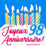 GIF animé joyeux anniversaire pour 98 ans avec des bougies colorées allumées, un fond bleu vif et le texte 'Joyeux Anniversaire 98!' en écriture élégante.