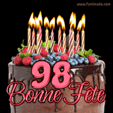 GIF animé pour un 98e anniversaire avec un somptueux gâteau au chocolat décoré de baies fraîches, des bougies allumées et le texte '98 Bonne Fête!' en rouge.
