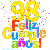 GIF festivo lleno de confeti de colores, el número 98 grande en amarillo y la frase 'Feliz cumpleaños' en letras multicolores y brillantes.