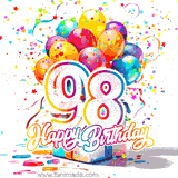 A festive birthday age GIF with animated star confetti, colorful balloons, and a gift box with the number 98. The text reads 'Happy Birthday'.