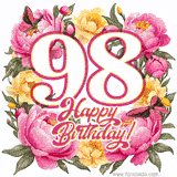 A celebratory GIF image features the animated number '98' and the words 'Happy Birthday!' surrounded by pink and yellow flowers. Two moving butterflies are included in this festive design.