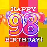 A birthday cake with lit candles is shown with colorful balloons and animated confetti.