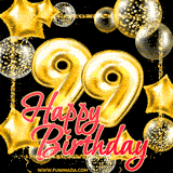 A GIF for 99th birthday, featuring golden balloons and a festive Happy Birthday script in red. The black background enhances the gold balloons and glittery square frame.