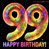 Shiny number 99 birthday celebration balloons with an iridescent glow and glitter on a black background with twinkling stars.