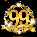 Il numero 99 è circondato da un anello dorato brillante, accompagnato da un nastro elegante con la scritta 'Buon Compleanno!' su uno sfondo scuro.
