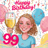 An animated birthday GIF featuring a smiling cartoon woman holding a glass of wine. Text reads 'Happy Birthday 99' surrounded by colorful balloons and confetti.