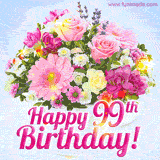 A birthday cake with lit candles is shown with colorful balloons and animated confetti.