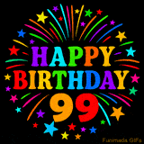 A birthday cake with lit candles is shown with colorful balloons and animated confetti.