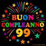 GIF animata 'Buon Compleanno 99' con lettere colorate e fuochi d'artificio
