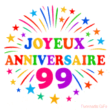 GIF animé joyeux anniversaire 99 ans avec étoiles multicolores et feu d’artifice