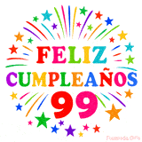 Imagen animada para felicitar los 99 años con letras de colores y diseño festivo.