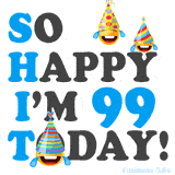 A fun birthday animation celebrating turning 99 with colorful party hats, smiling faces, and cheerful emojis.