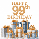 Festive animated eCard with elegant 'Happy 99th Birthday' text above a pile of luxurious blue, white, and gold gift boxes and presents.
