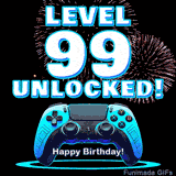 Animated GIF for a 99 birthday. The text 'Level 99 Unlocked!' and 'Happy Birthday!' are displayed over a blue video game controller with exploding fireworks in the background.