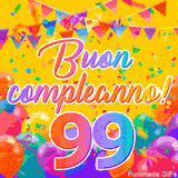 Un GIF animato per un 99° compleanno, Presenta il testo 'Buon Compleanno 99' su uno sfondo giallo vivo con palloncini colorati, festoni e una pioggia di coriandoli.