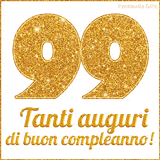 GIF animata per un 99° compleanno, Mostra il numero 99 in grandi caratteri dorati pieni di glitter scintillante, Sotto, la scritta 'Tanti auguri di buon compleanno!' in un elegante oro.