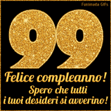 Un GIF animato per un 99° compleanno, Presenta il testo 'Buon Compleanno 99' su uno sfondo giallo vivo con palloncini colorati, festoni e una pioggia di coriandoli.