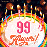 Un'animazione celebrativa di una torta di compleanno per i 99 anni, Le fiamme delle candeline tremolano e delle scintille brillano intorno, creando un'atmosfera festosa e magica.