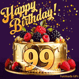 A delicious-looking animated birthday card for a 99th birthday, decorated with raspberries, blackberries, and gold details, Stars sparkle and fall, with 'Happy Birthday!' text above.