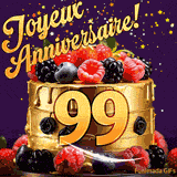 Une animation de célébration d'un gâteau de 99ème anniversaire, Des étoiles dorées tombent du ciel, mettant en valeur le texte 'Joyeux Anniversaire !' et le nombre doré 99 à l'avant du gâteau.