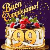 Un GIF animato di una bellissima torta per il 99° compleanno con glassa dorata e frutti di bosco freschi, Il numero dorato 99 è davanti, e stelle cadono su uno sfondo viola scuro.