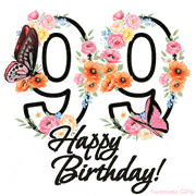 A floral 99th birthday animated greeting card. The number '99' is surrounded by animated flowers and butterflies, creating a beautiful and cheerful way to celebrate the milestone.