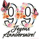 Ce GIF de Joyeux 99ème Anniversaire présente le nombre vingt rempli d'un bouquet vibrant de fleurs animées, avec des papillons qui bougent doucement sur un fond blanc.