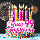 Festeggia i 99 anni con questa GIF animata: torta con panna, zuccherini colorati e fuochi d'artificio brillanti su fondo scuro.