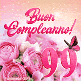 Festeggia i 99 anni con questa GIF animata: bouquet di rose rosa, farfalla rosa vibrante e scritte di auguri su fondo scintillante.