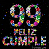 Un fondo oscuro con estrellas brillantes sirve de apoyo para el número 99 y el texto FELIZ CUMPLE, elaborados de piedras preciosas multicolores.